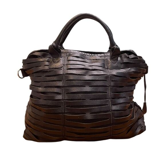 Charles Jourdan Black Leather Laser Cut Satchel Tote Handbag Purse - Picture 2 of 14